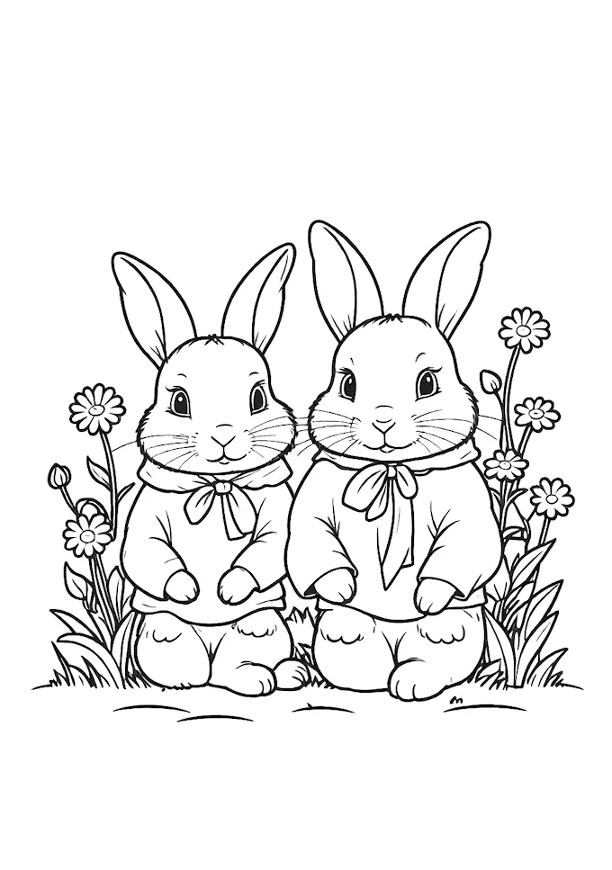 Two bunnies in clothes sitting in a flower field illustration