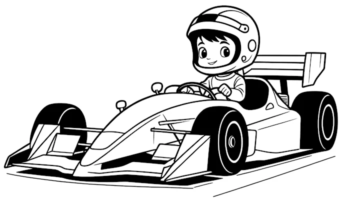 Cartoon race car driver, black and white line art