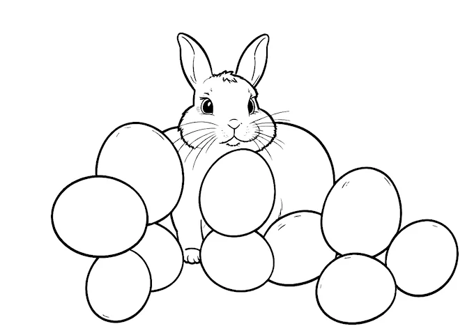 Black and white photo of bunny with eggs coloring page