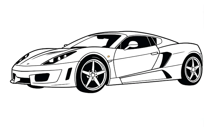 Black and white drawing of sports car in center