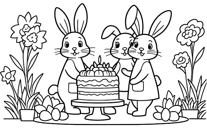 Rabbit and bunny holding a cake with flowers and carrot