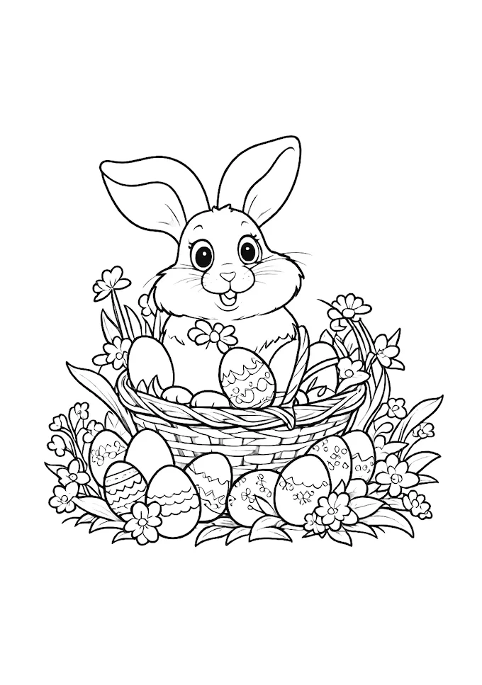 Adorable rabbit in a basket surrounded by Easter eggs and flowers