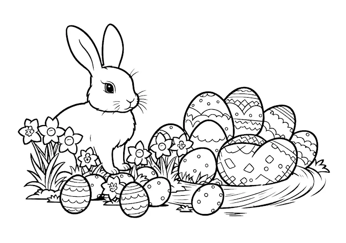 Easter Basket Scene Black and White Photo Coloring Page