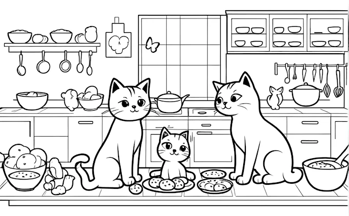 Three cats in kitchen with food on counter