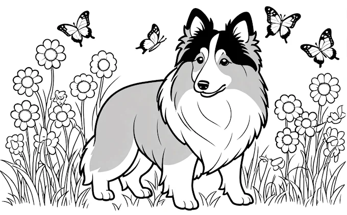 Dog in field with flowers and butterflies