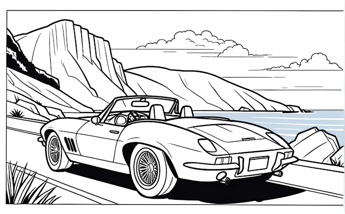 Car driving near ocean and mountains, comic book panel, line art