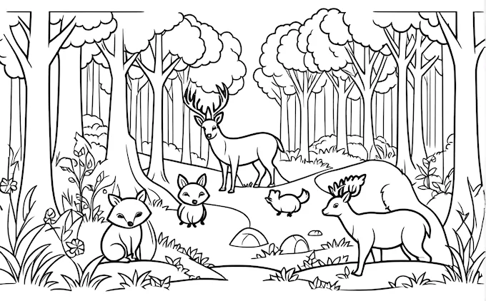 Animals in woods with trees, rocks, and grass, storybook environmental art