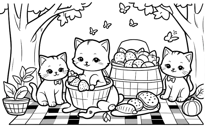 Cat and kittens in basket full of eggs and breads