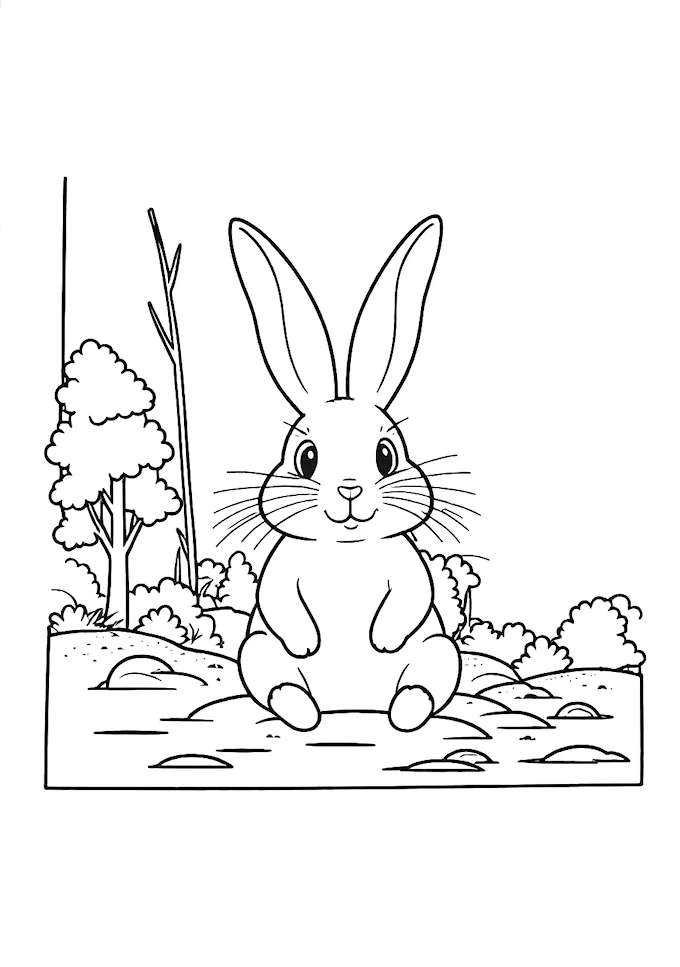Black and white drawing of bunny on dirt with tree shadows