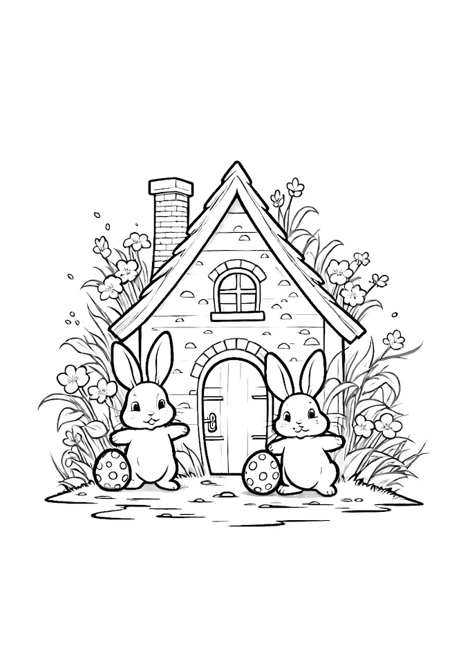 Two rabbits by an old house with eggs nearby
