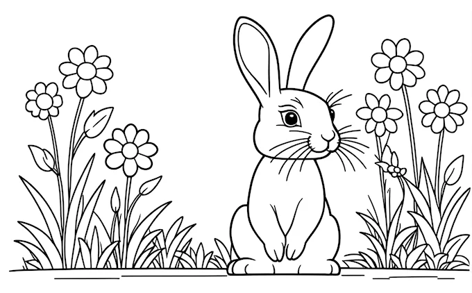 Rabbit in grass with flowers, sky background, line art