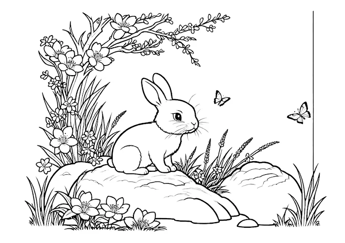 Rabbit amidst flowers with hovering insect coloring page
