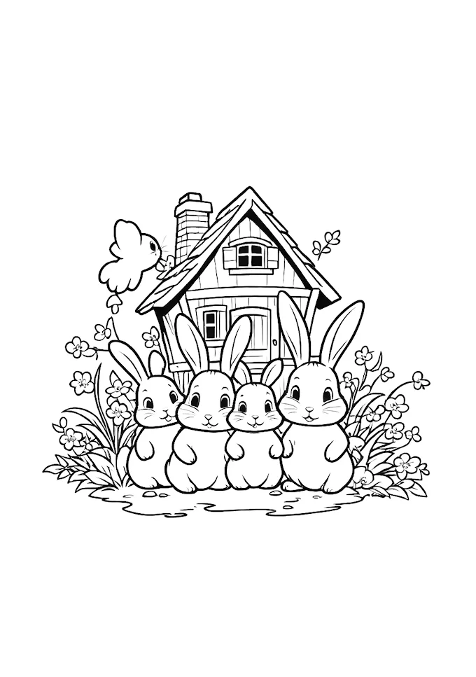 Friendly rabbits by a cottage with floral decor