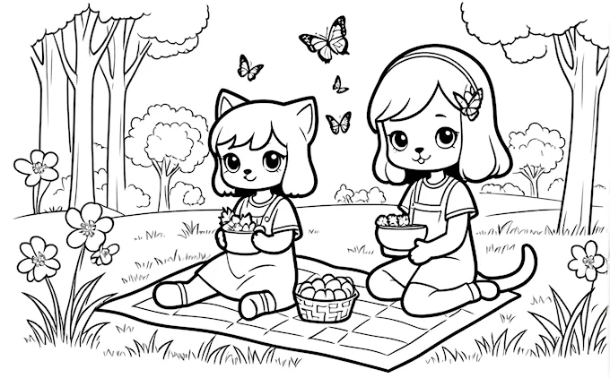 Girl and boy on blanket in park with food basket and butterfly