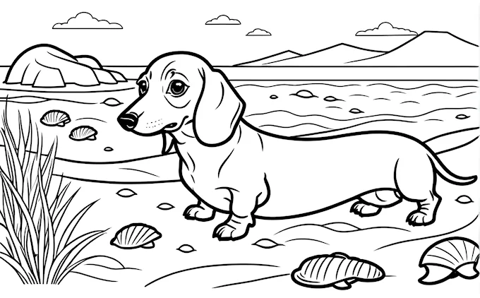 Dog on beach near water and rocks, fish swimming in water