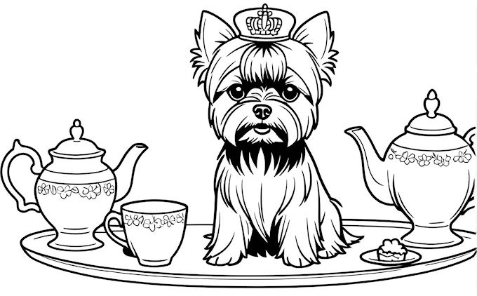Dog on plate with tea and crown