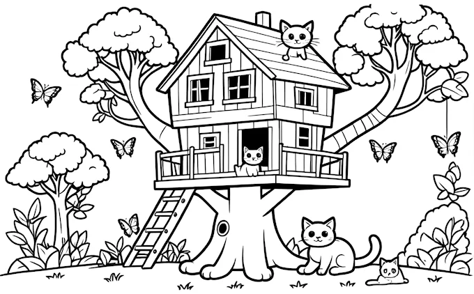 Tree house with cats and butterflies, surrounded by trees, storybook conceptual art