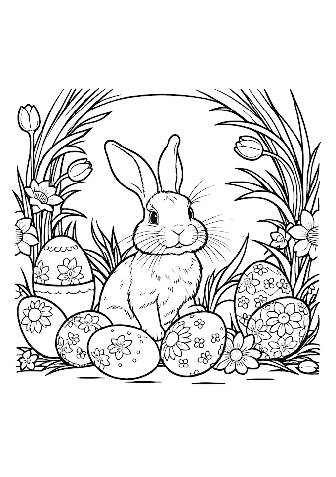 Bunny in Easter basket with eggs and daffodils in black and white