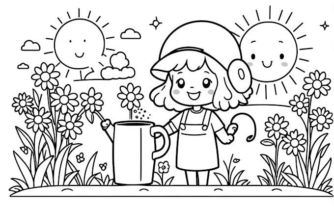Girl watering flowers in garden
