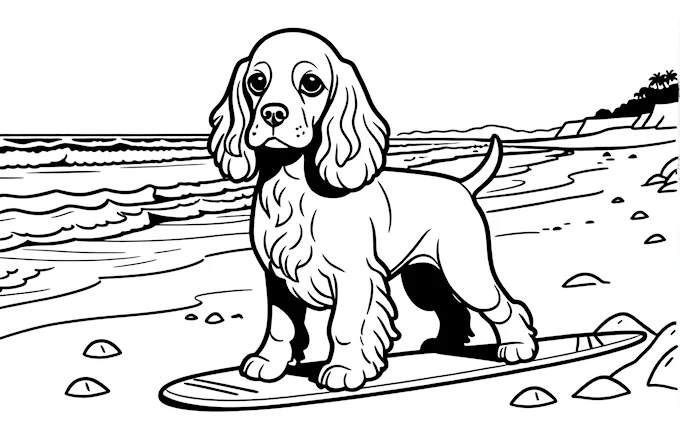 Dog on surfboard at beach