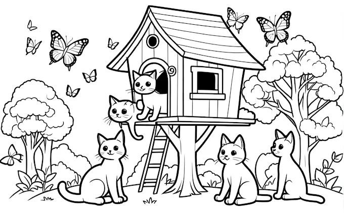 Cat house with three cats, ladders to roof, and flying butterfly, storybook conceptual art