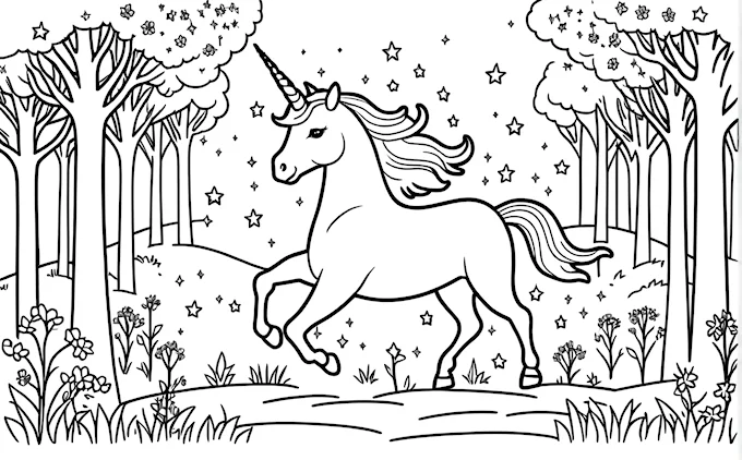 Unicorn running through forest with stars and trees, highly detailed digital art