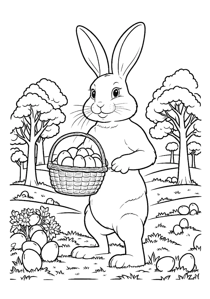 Cartoon Bunny with Basket Full of Eggs in Orchard Coloring Page