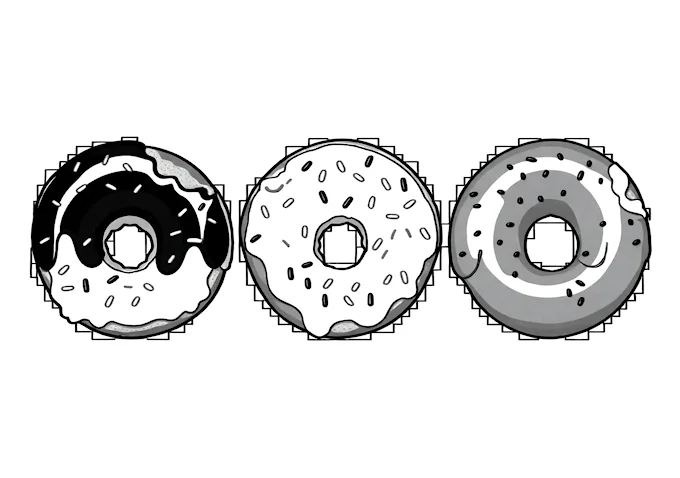 Trio of assorted doughnuts on black background coloring page
