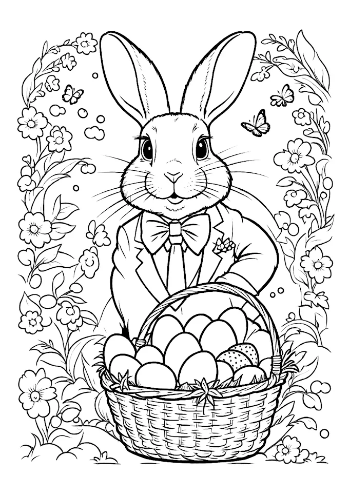 Rabbit in suit holding a basket with eggs or butterflies