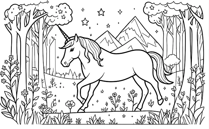 Unicorn in forest with mountains and stars, black and white