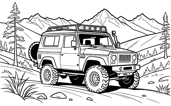 Jeep driving through mountains and trees with mountain range