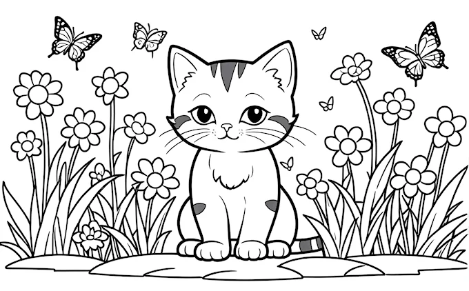 Cat in grass with flying butterflies and flowers