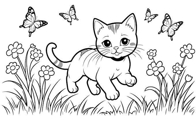 Cat running in field with butterflies