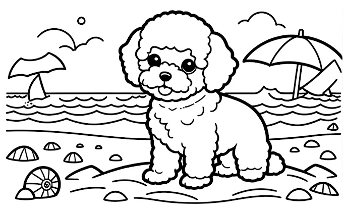 Poodle on beach with umbrella in mouth, detailed coloring page