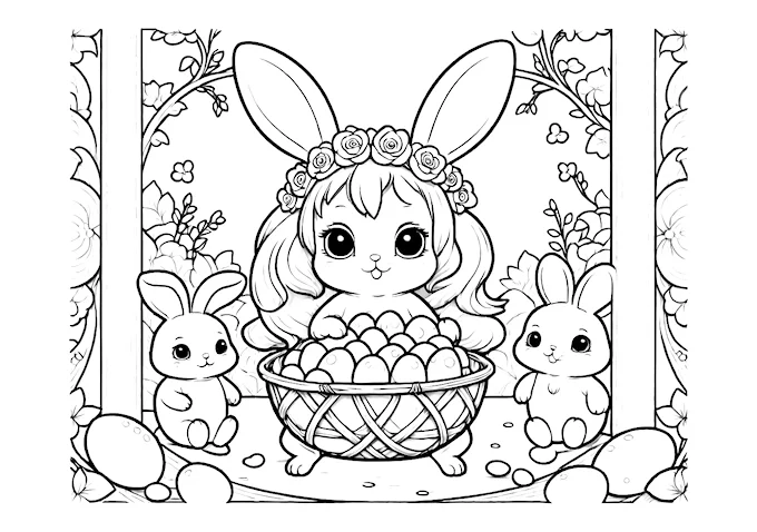 Bunny figurines in egg-shaped baskets with decor