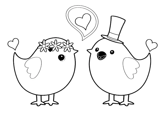 Kissing Birds with Top Hats Coloring Page