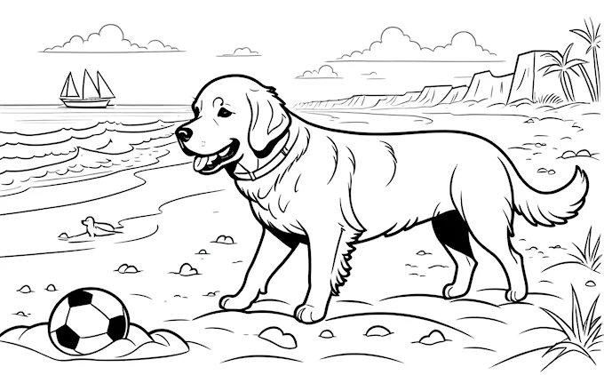 Dog on beach with ball and sailboat
