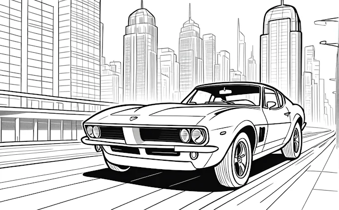 Muscle car on city street, comic book style