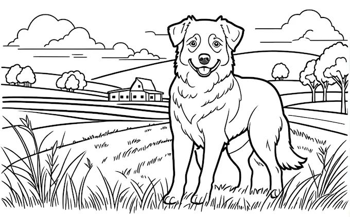 Dog in field with farm background