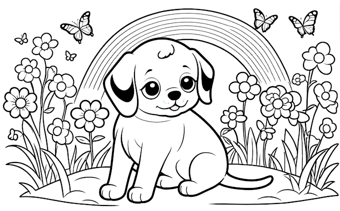 Puppy in grass with rainbow, flowers, and butterflies, child&#039;s naive art coloring page
