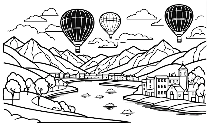 Hot air balloons over river, mountains, and town, coloring page