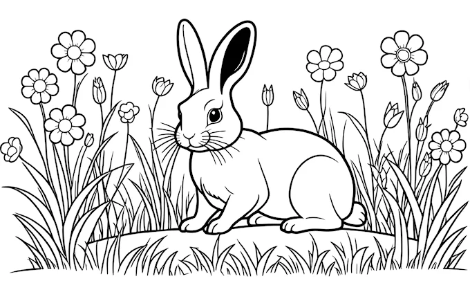 Rabbit sitting in grass surrounded by flowers, line drawing, coloring page