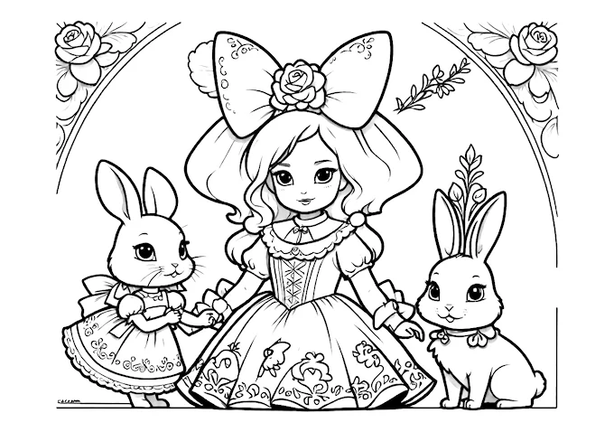 Fantasy-Inspired Girl Doll with Rabbit Figurines Coloring Page