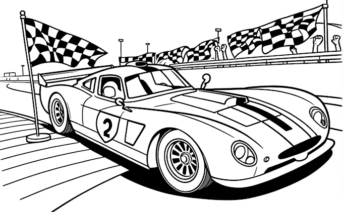 Race car with checkered flag, track background