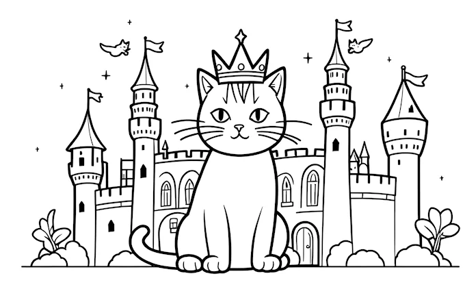 Cat in front of castle with princess&#039;s crown and flying bird