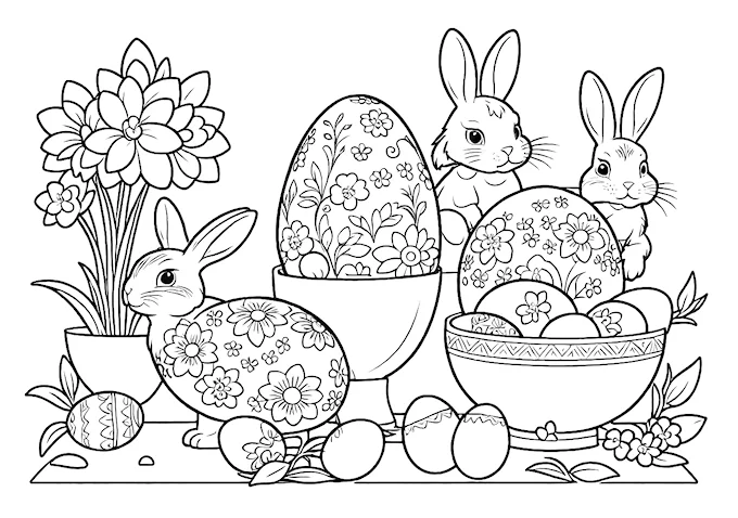 Easter egg display with rabbit figurine and floral designs
