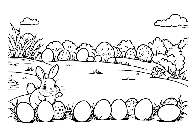 Cute Bunny Rabbit with Easter Eggs Coloring Page
