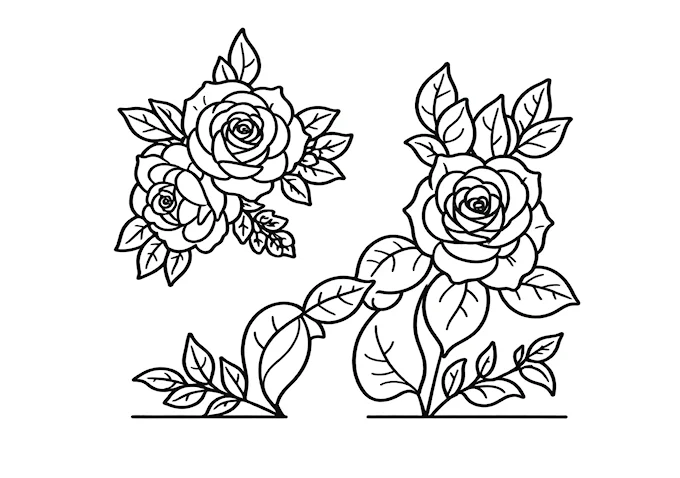 Black and white drawing of roses with leafy background coloring page