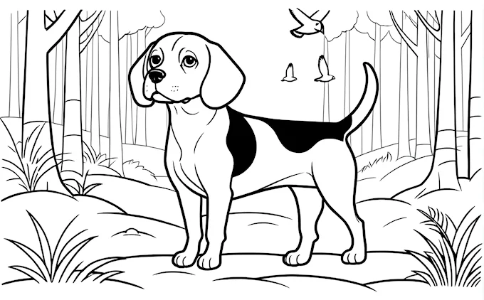Dog in woods with flying bird, children&#039;s line art coloring page