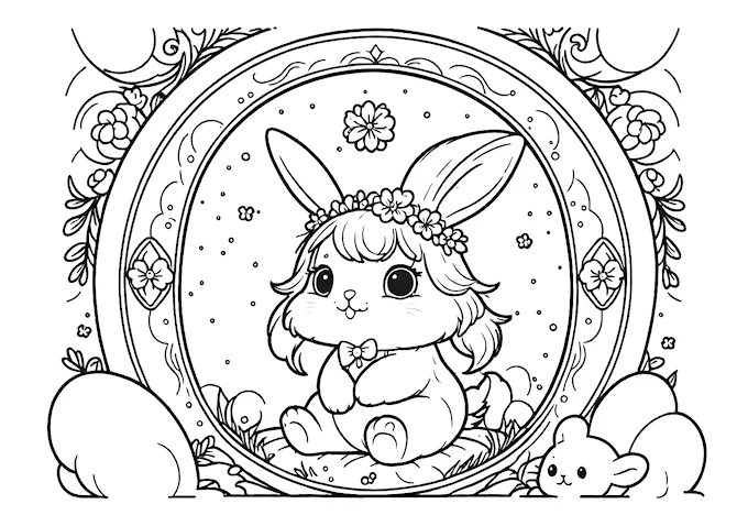 Charming bunny with ornate mirror, flowers, and snowflakes coloring page